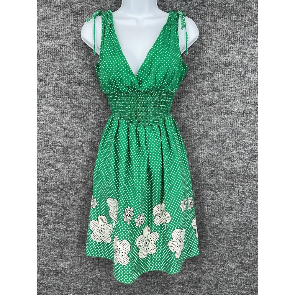 90s Vintage Dress Womens S Green Polka Dot Floral V Neck Smocked Waist Retro